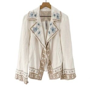 Johnny Was BIYA Embroidered  Linen Blazer Tan Cream sz XS Classic
